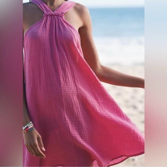 Anthropologie Pink gauze fabric braided strap mini dress halter 100% cotton NWT - Picture 13 of 13